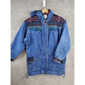 Vintage 90s Outbrook Southwestern Aztec Blanket Lined‎ Denim Coat Womens Large